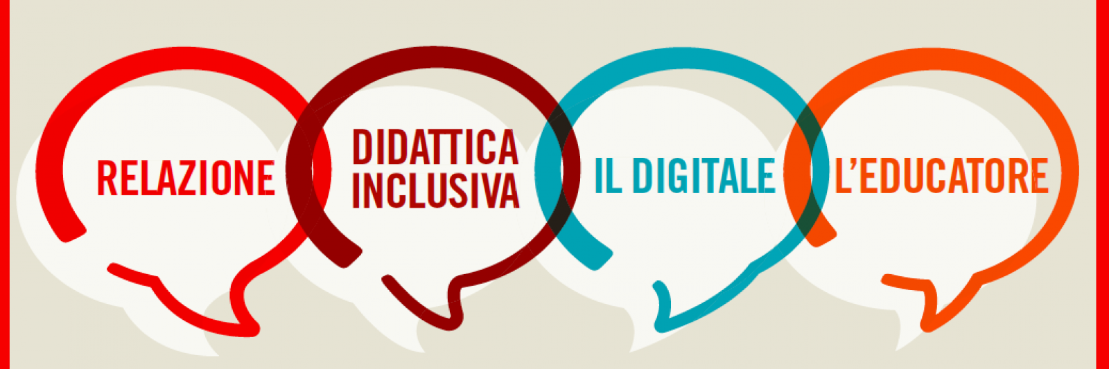 Copertina vocabolario: Immagine: le parole relazione, didattica inclusiva, il digitale, l'educatore sono racchiuse in quattro balloon colorati.Titolo: Vocabolario per un apprendimento di qualità.