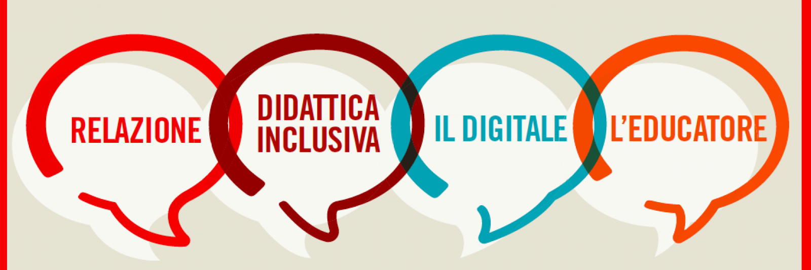 Copertina vocabolario: Immagine: le parole relazione, didattica inclusiva, il digitale, l'educatore sono racchiuse in quattro balloon colorati.Titolo: Vocabolario per un apprendimento di qualità. 