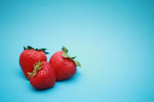 Tre fragole su sfondo azzurro.