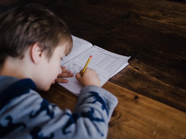 Bambino che compila degli esercizi su un quaderno, seduto ad un tavolo