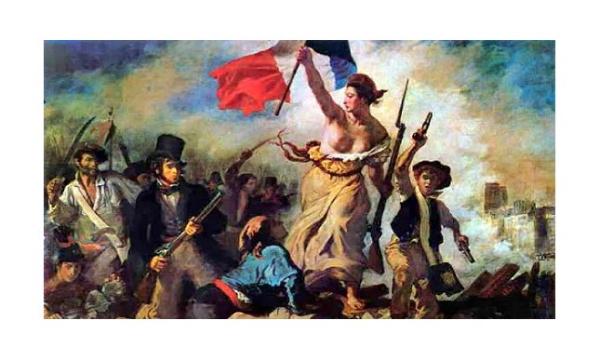 donna che tiene in mano la bandiera francese in battaglia